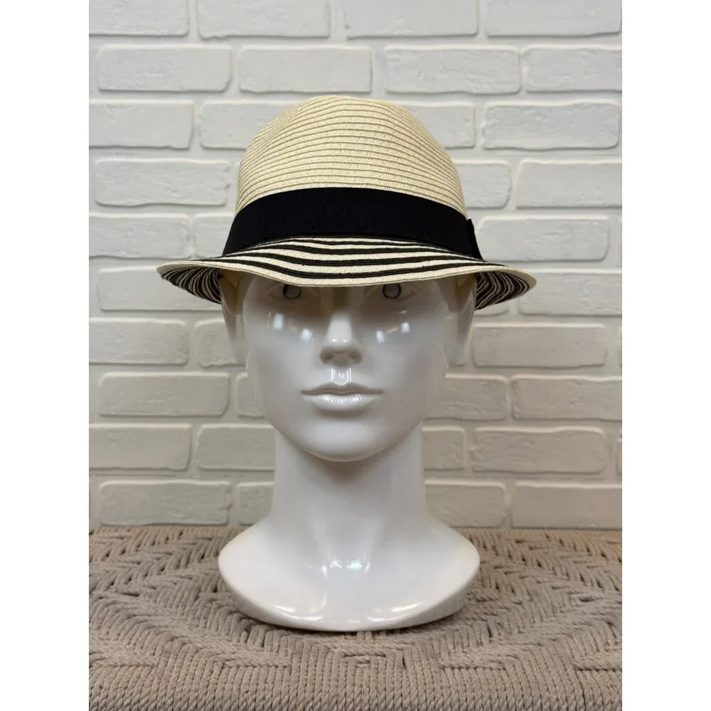 Cream Straw Fedora Black Striped Brim One Size